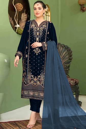 Navy blue velvet semi stitched suit with embroidery sequence work