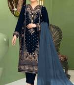 Navy blue velvet semi stitched suit with embroidery sequence work
