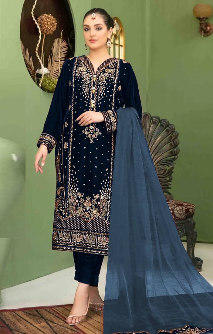 Navy blue velvet semi stitched suit with embroidery sequence work
