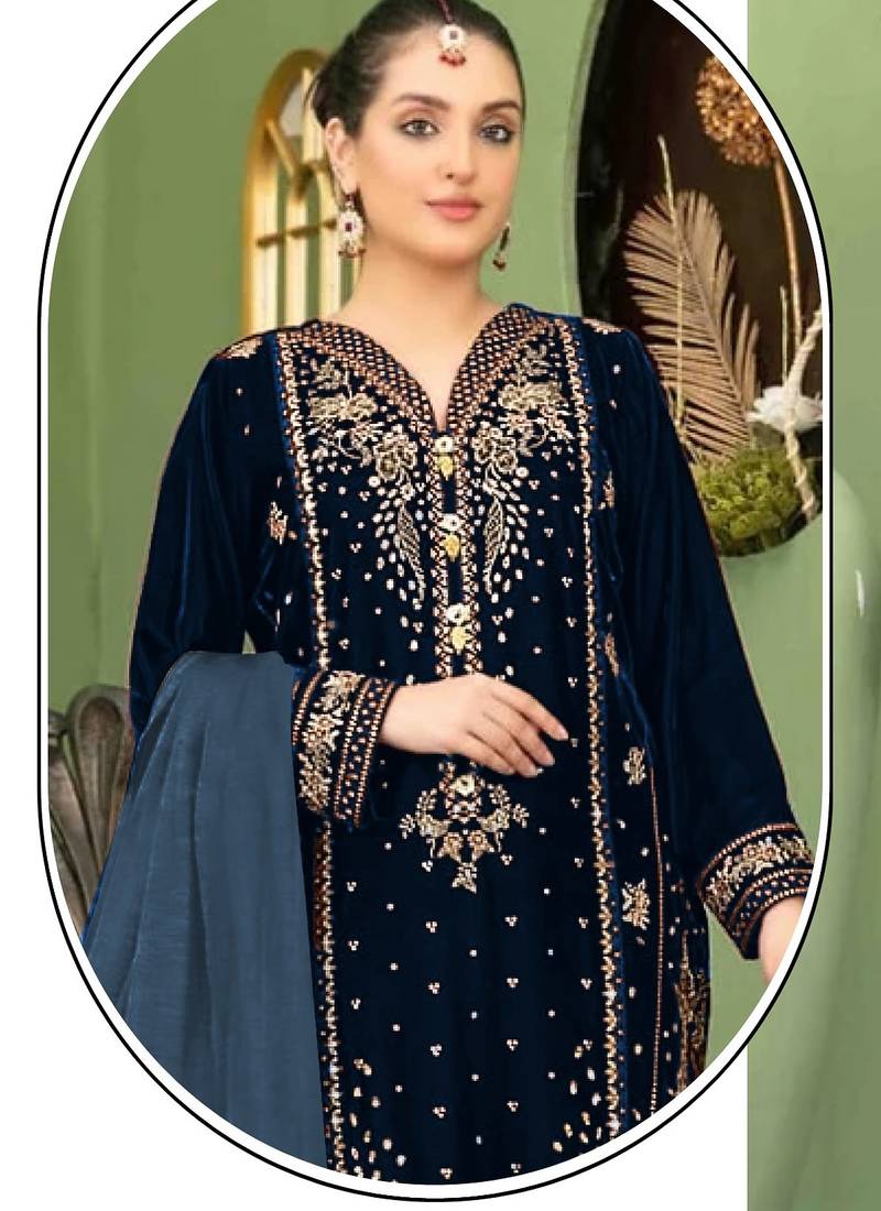 Navy blue velvet semi stitched suit with embroidery sequence work
