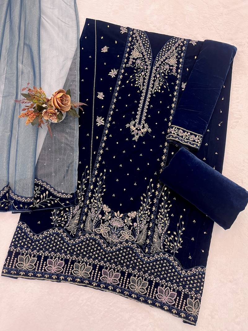 Navy blue velvet semi stitched suit with embroidery sequence work