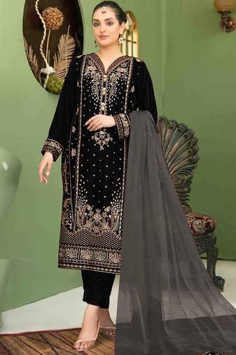 Black velvet semi stitched suit with embroidery sequence work