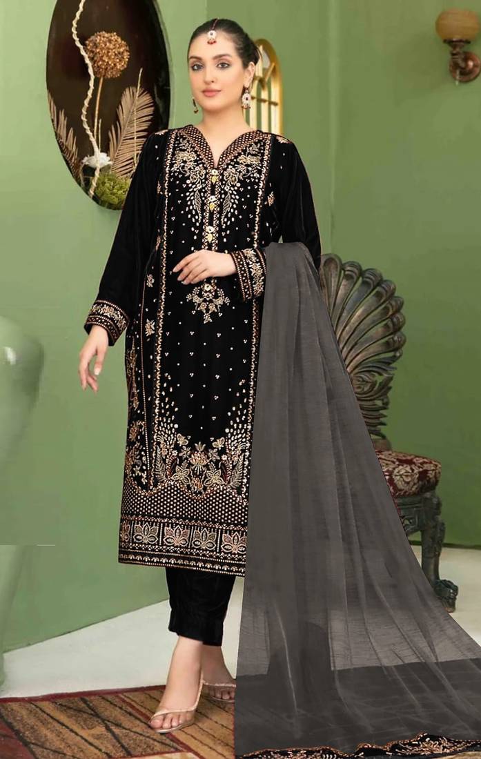 Black velvet semi stitched suit with embroidery sequence work