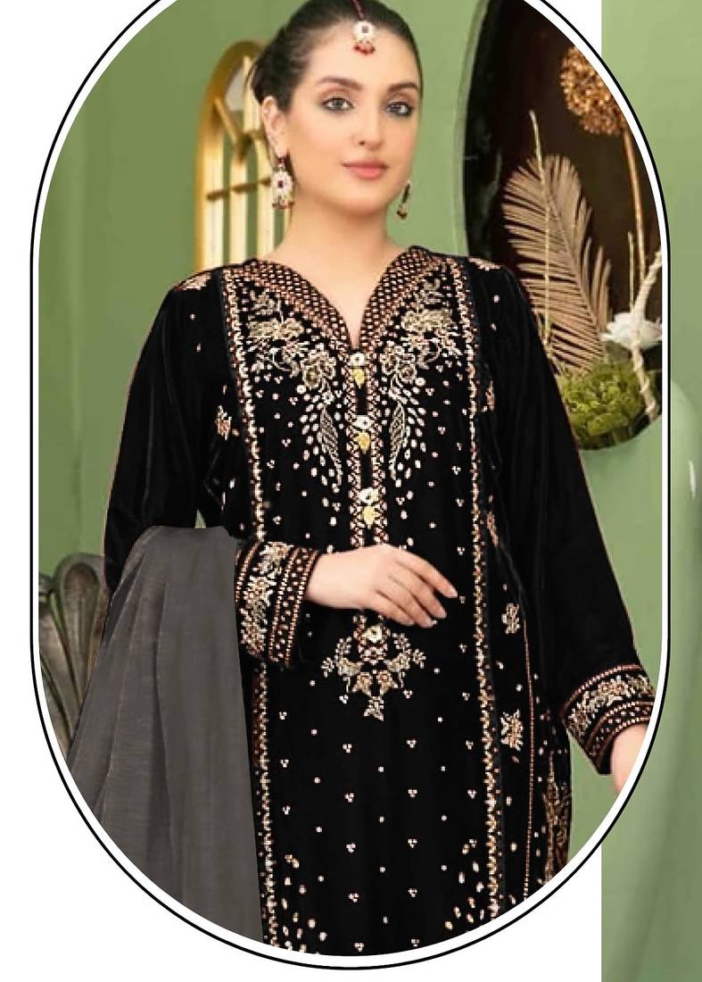 Black velvet semi stitched suit with embroidery sequence work