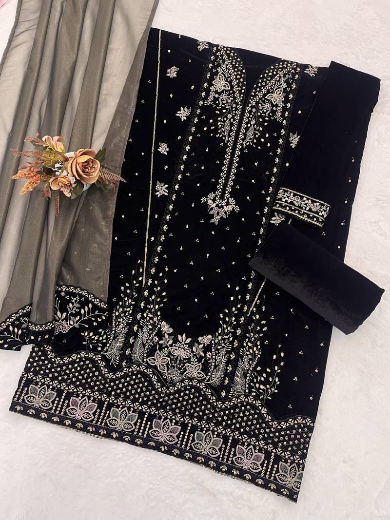 Black velvet semi stitched suit with embroidery sequence work
