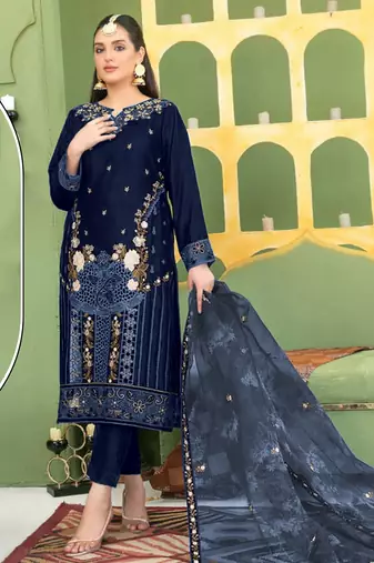 Navy blue velvet semi stitched suit with embroidery sequence work