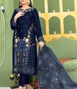 Navy blue velvet semi stitched suit with embroidery sequence work
