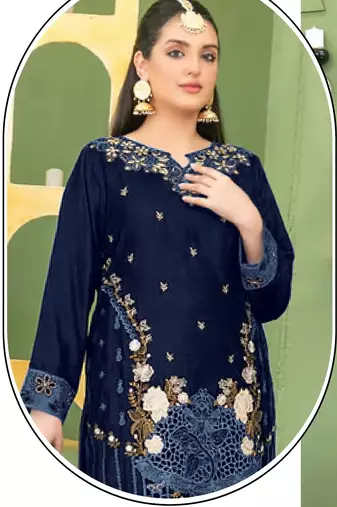 Navy blue velvet suit with embroidery sequin 