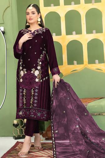 Purple velvet semi stitched suit with embroidery sequence work