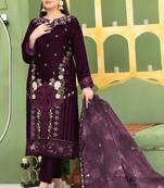 Purple velvet semi stitched suit with embroidery sequence work