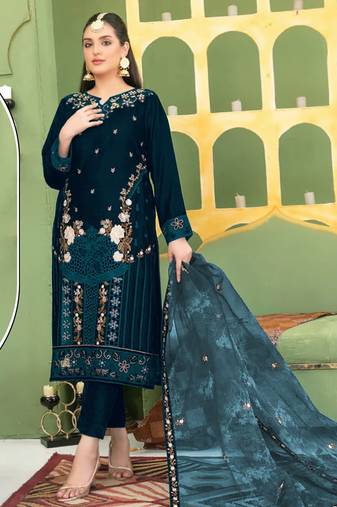 Green velvet semi stitched suit with embroidery sequence work