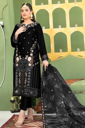 Black velvet semi stitched suit with embroidery sequence work