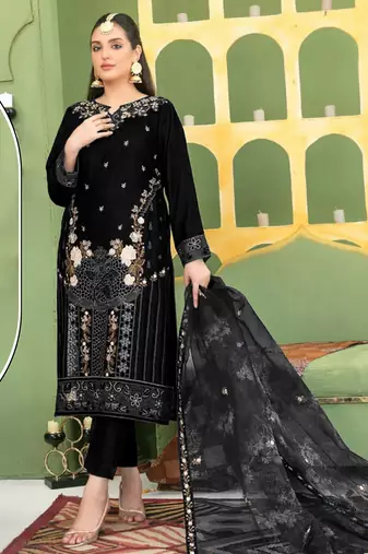 Black velvet semi stitched suit with embroidery sequence work