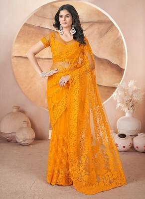 Yellow heavy butterfly net tone to tone aari embroidery work saree with blouse 1