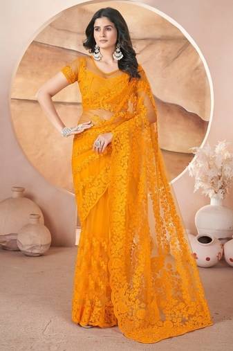 Yellow heavy butterfly net tone to tone aari embroidery work saree with blouse