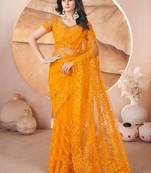 Yellow heavy butterfly net tone to tone aari embroidery work saree with blouse
