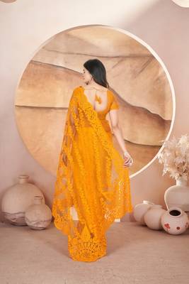 Yellow heavy butterfly net tone to tone aari embroidery work saree with blouse 2