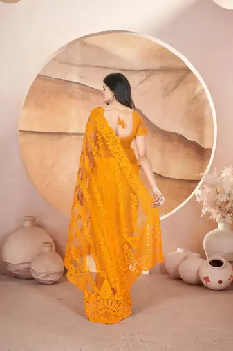 Yellow heavy butterfly net tone to tone aari embroidery work saree with blouse