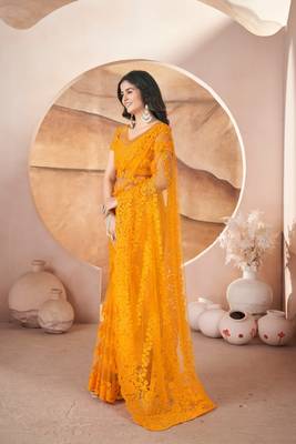Yellow heavy butterfly net tone to tone aari embroidery work saree with blouse 3