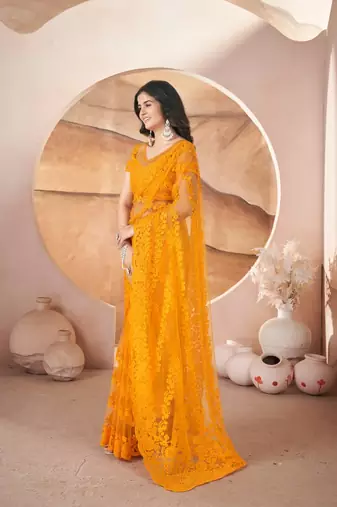 Yellow heavy butterfly net tone to tone aari embroidery work saree with blouse