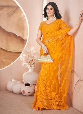 Yellow heavy butterfly net tone to tone aari embroidery work saree with blouse 4