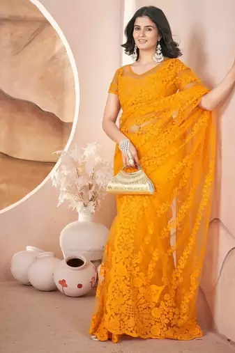Yellow heavy butterfly net tone to tone aari embroidery work saree with blouse