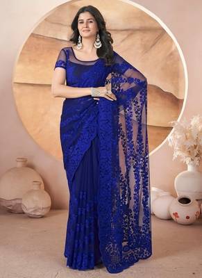 Blue heavy butterfly net tone to tone aari embroidery work saree with blouse 1