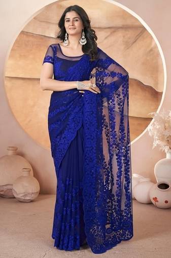 Blue heavy butterfly net tone to tone aari embroidery work saree with blouse