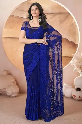 Blue heavy butterfly net tone to tone aari embroidery work saree with blouse