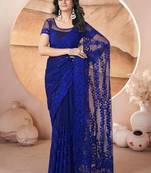 Blue heavy butterfly net tone to tone aari embroidery work saree with blouse