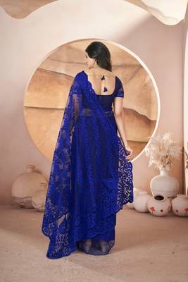 Blue heavy butterfly net tone to tone aari embroidery work saree with blouse 2