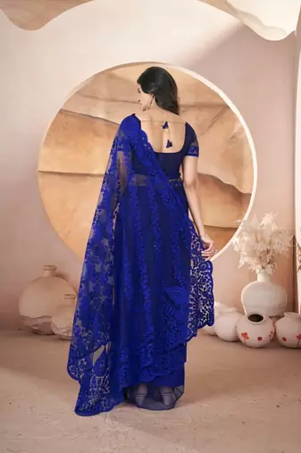 Blue heavy butterfly net tone to tone aari embroidery work saree with blouse