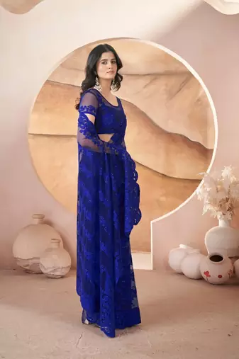 Blue heavy butterfly net tone to tone aari embroidery work saree with blouse