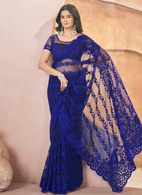 Blue heavy butterfly net tone to tone aari embroidery work saree with blouse 4