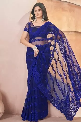 Blue heavy butterfly net tone to tone aari embroidery work saree with blouse