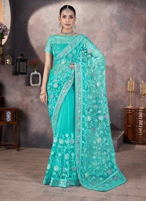 Skyblue heavy butterfly net tone to tone aari embroidery work saree with blouse 1