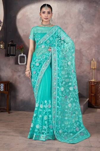 Skyblue heavy butterfly net tone to tone aari embroidery work saree with blouse
