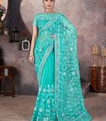 Skyblue heavy butterfly net tone to tone aari embroidery work saree with blouse