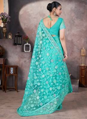 Skyblue heavy butterfly net tone to tone aari embroidery work saree with blouse 2