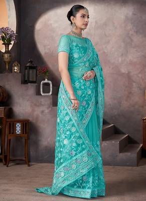Skyblue heavy butterfly net tone to tone aari embroidery work saree with blouse 3