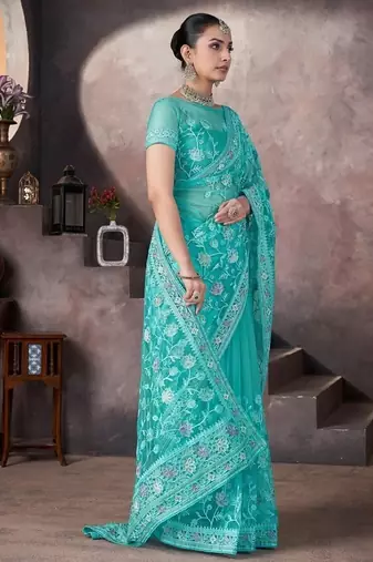 Skyblue heavy butterfly net tone to tone aari embroidery work saree with blouse
