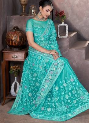 Skyblue heavy butterfly net tone to tone aari embroidery work saree with blouse 4