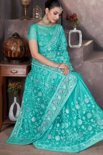 Skyblue heavy butterfly net tone to tone aari embroidery work saree with blouse