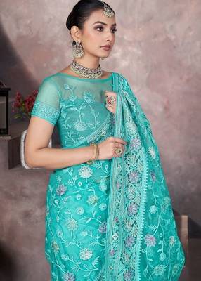 Skyblue heavy butterfly net tone to tone aari embroidery work saree with blouse 5
