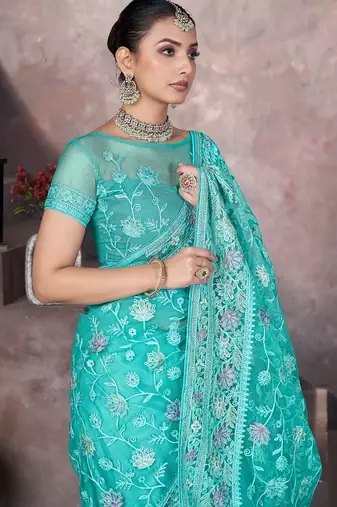 Skyblue heavy butterfly net tone to tone aari embroidery work saree with blouse