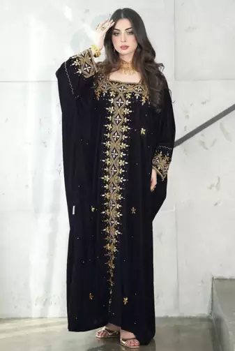  Black Velvet Stitched Kaftan with Heavy Golden Embroidery     Party & Festive Wear