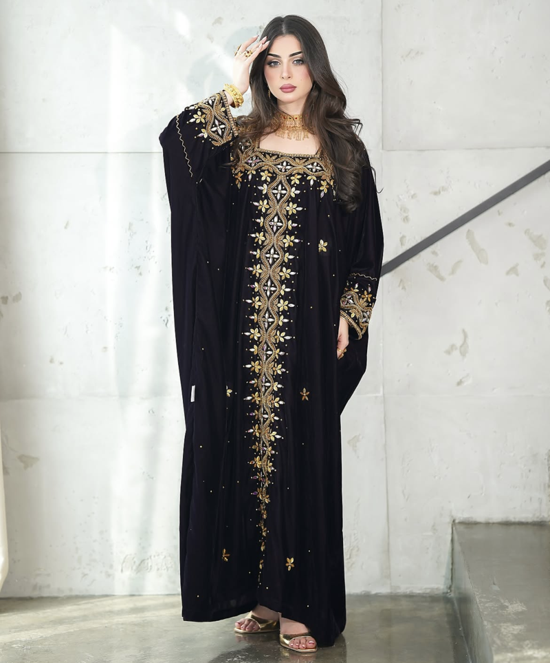  Black Velvet Stitched Kaftan with Heavy Golden Embroidery     Party & Festive Wear