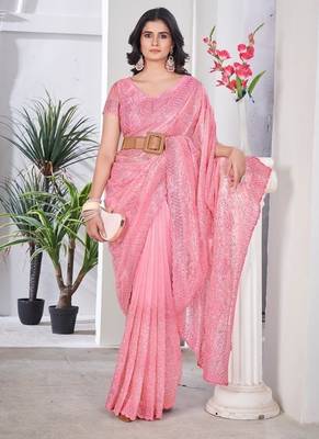 Designer tissue net with sequin work saree with unstitched blouse 4