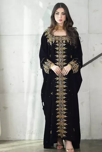  Black Velvet Stitched Kaftan with Heavy Golden Embroidery     Party & Festive Wear