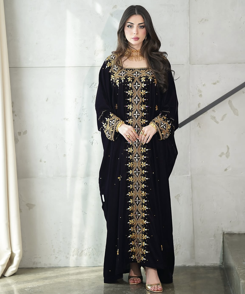  Black Velvet Stitched Kaftan with Heavy Golden Embroidery     Party & Festive Wear